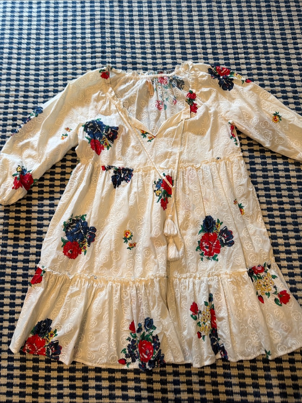 Tory Burch Ivory Floral Tiered Peasant Dress with Tassel Tie Size